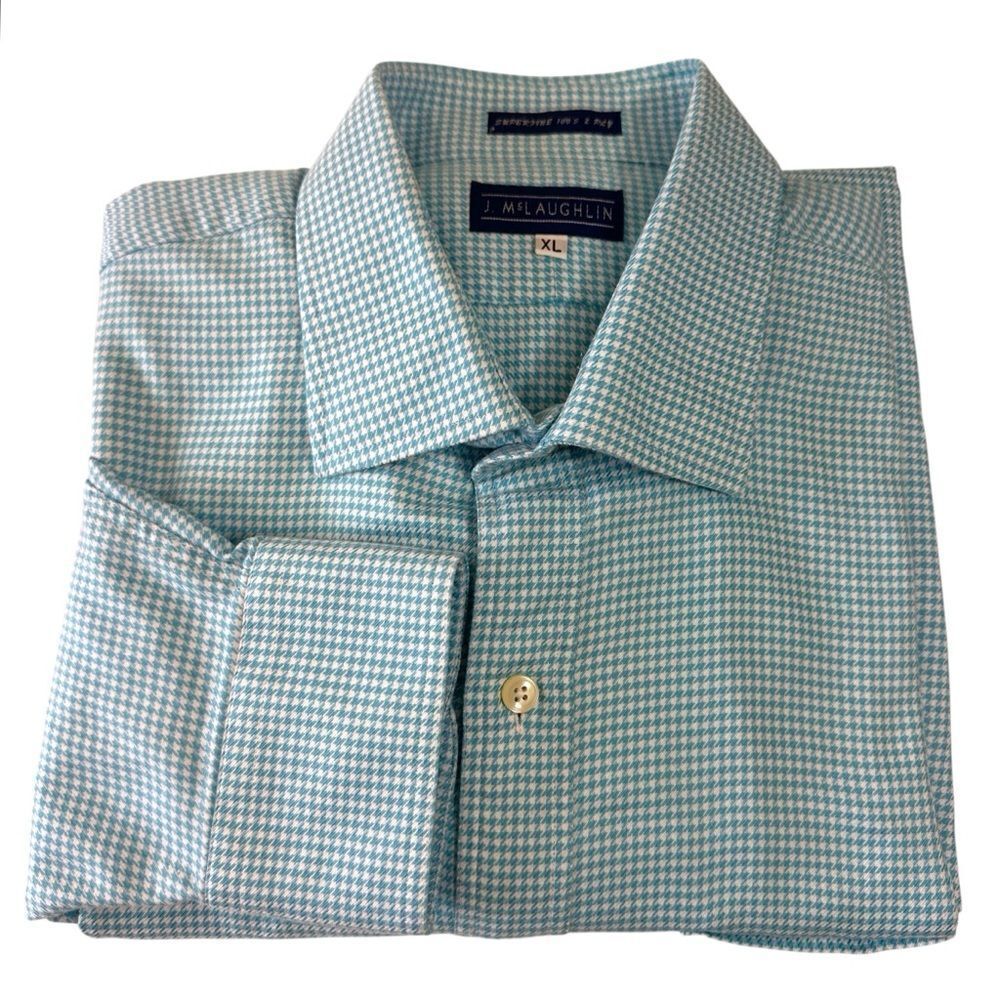 J. McLaughlin Men's Teal Houndstooth Button Up Superfine 100 2 Ply Shirt, XL